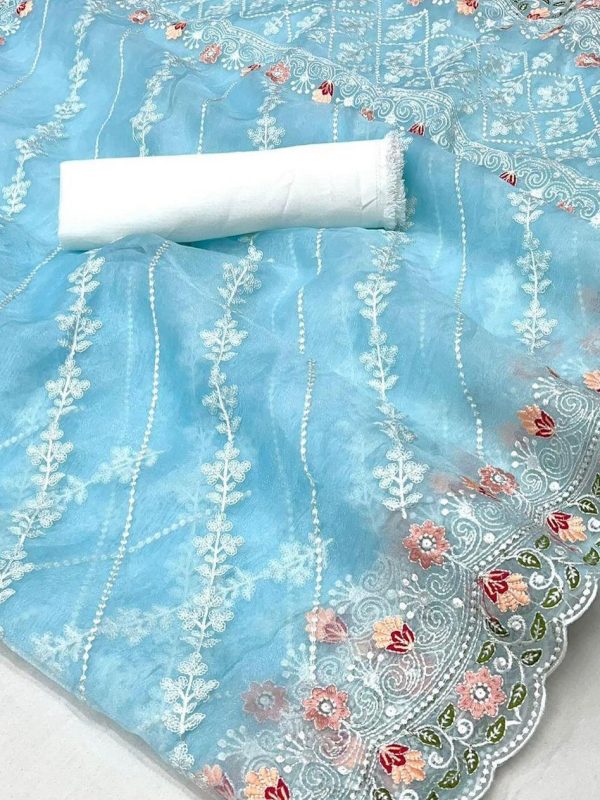 Premium Blue Floral Organza