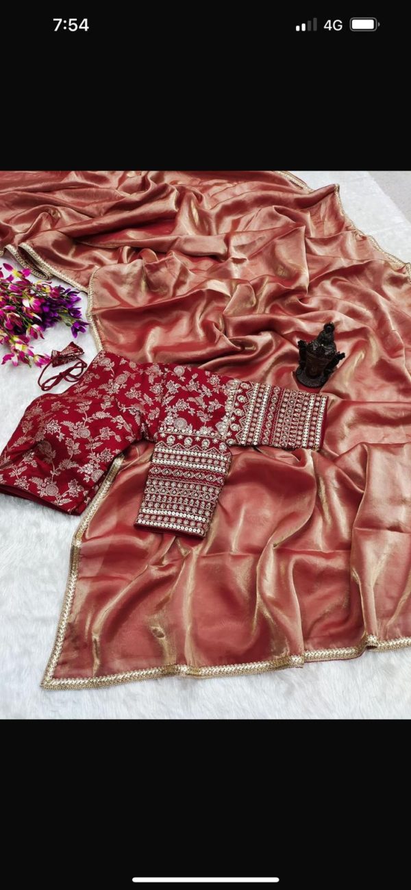 Close-up of red embroidered blouse and tissue saree texture
