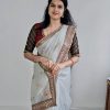 silver organza saree with brown velvet blouse and zari border