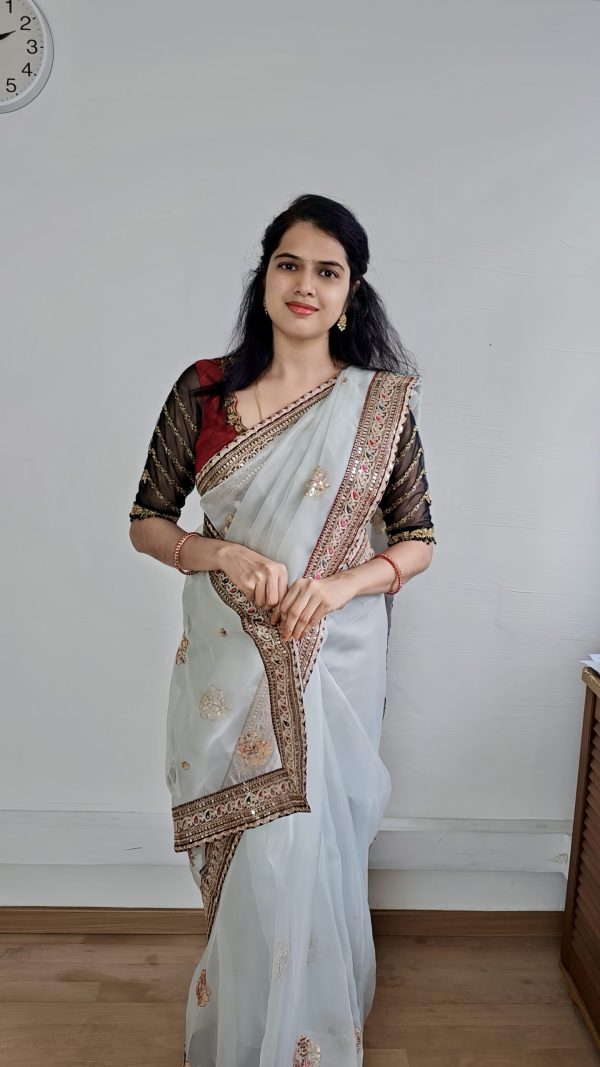 silver organza saree with brown velvet blouse and zari border