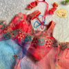 buy floral pink blue printed organza saree with embroidered floral blouse