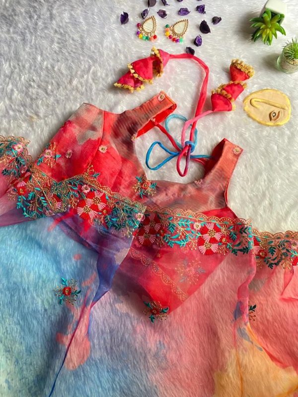 buy floral pink blue printed organza saree with embroidered floral blouse