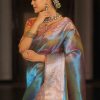 buy multi blue stiff organza saree with pink embroidered floral border