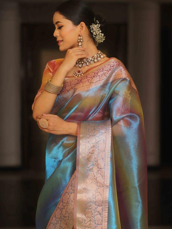 buy multi blue stiff organza saree with pink embroidered floral border