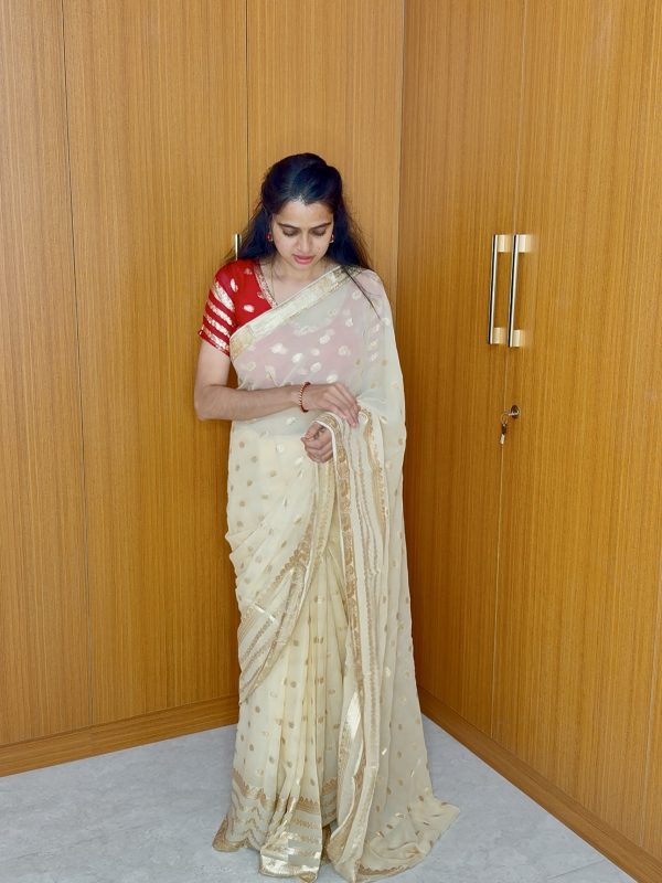 Golden Viscose Saree with Red Blouse