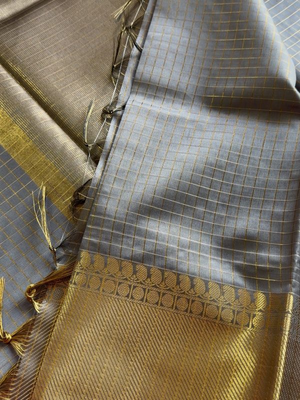 Premium Grey Checkered Silk Cotton Saree