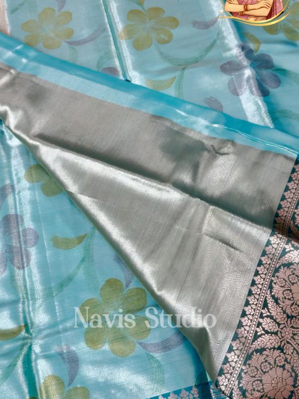 Elegant Blue Green Floral Tissue Silk