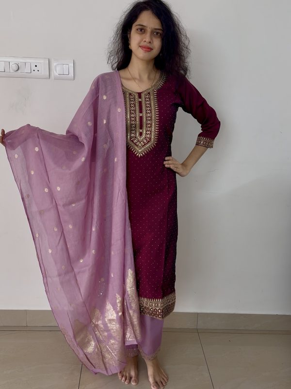 Brown Purple Silk Cotton Kurti- 3 pc set