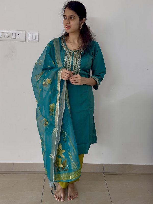 Blue Green Silk Cotton Kurti - 3 pc set