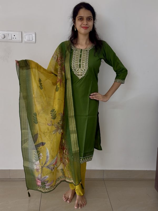 Green Yellow Silk Cotton Kurti- 3 pc set
