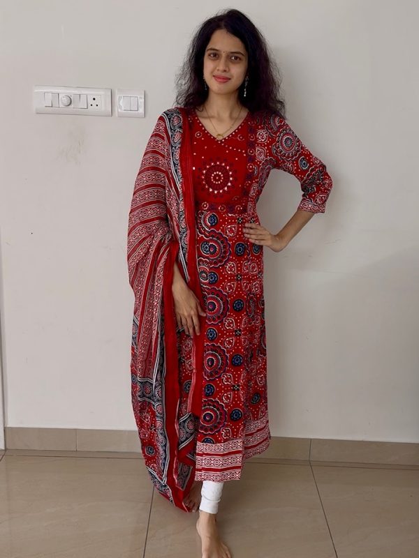 Red Jaipur Cotton Anarkali Kurti with Shawl